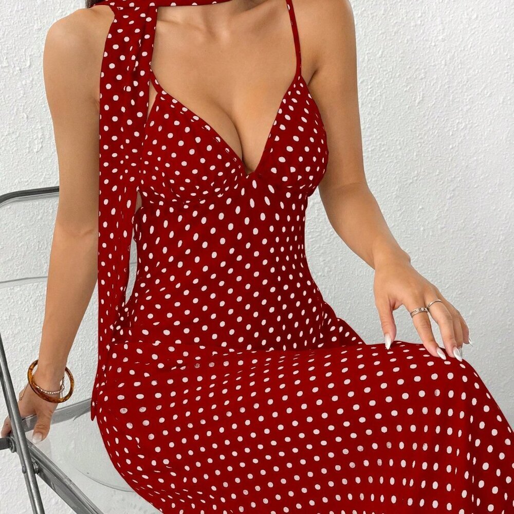 Burgundy Sexy Women's V-Neck Polka Dot Print Maxi Slip Dress - Picture 2 of 5